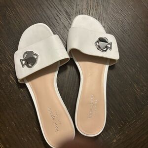 kate spade White Leather Slide Mules with Silver Logo Accent